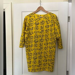 Vintage 90s Y2K Esprit 100% Cotton Graphic Print Yellow Black 100% Cotton Dress